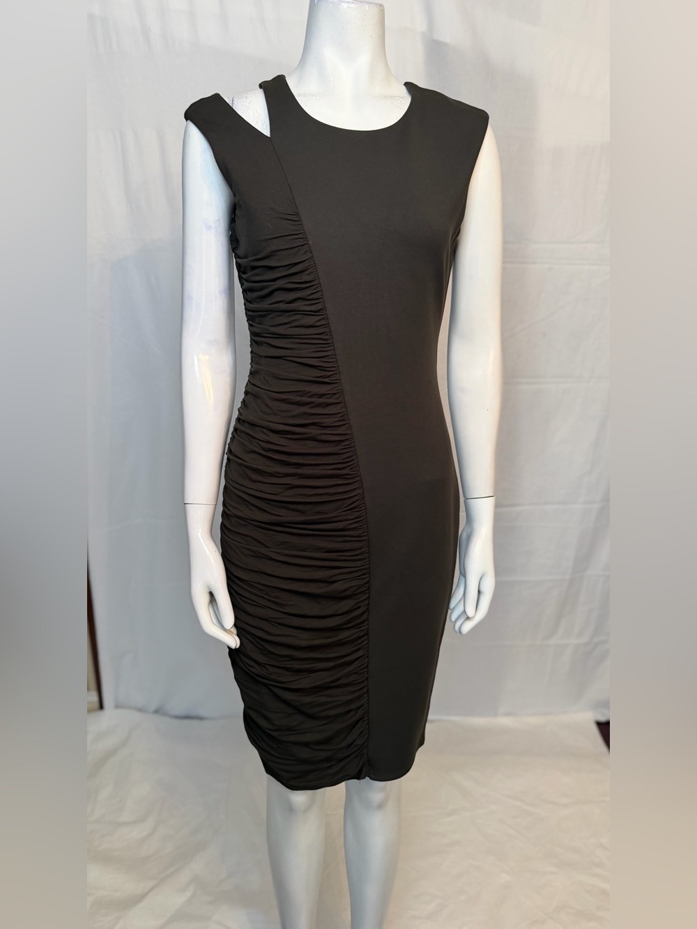 Bailey 44 Black Ruched Asymmetric Midi Dress
